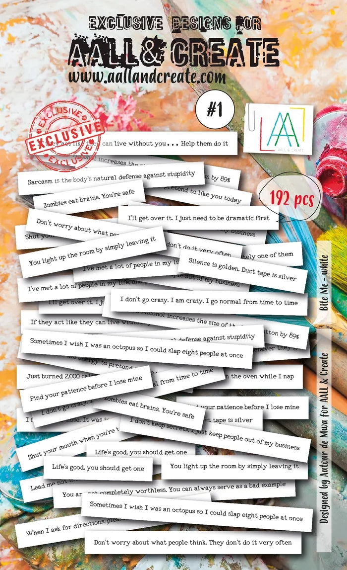 Aall & Create - Ephemera - #1 - Bite Me - White. Ephemera Die Cuts 192 pieces. Available at Embellish Away in Bowmanville Ontario Canada.