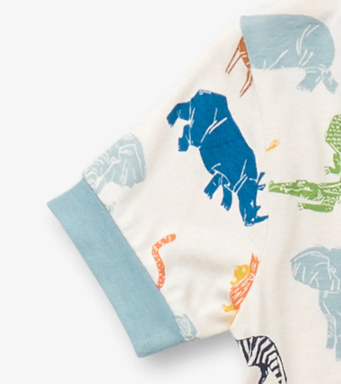 Hatley boys bamboo short pajama set showing no-side-seam comfort and blue cuff detail.
