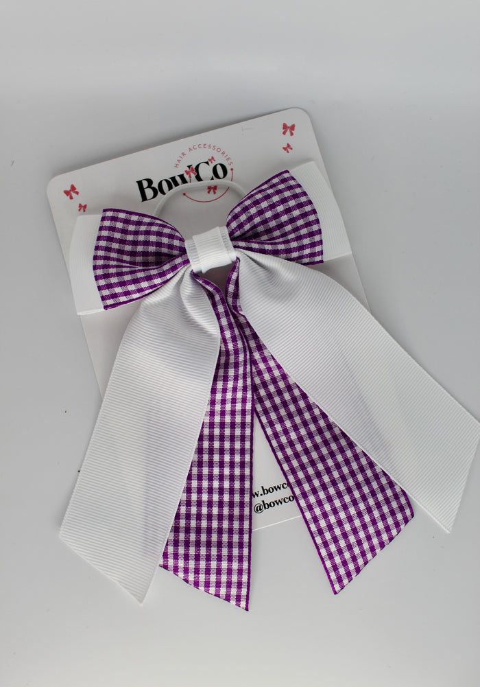 Double Layer Tail Bow - School Bow Purple and White Gingham - Elastic