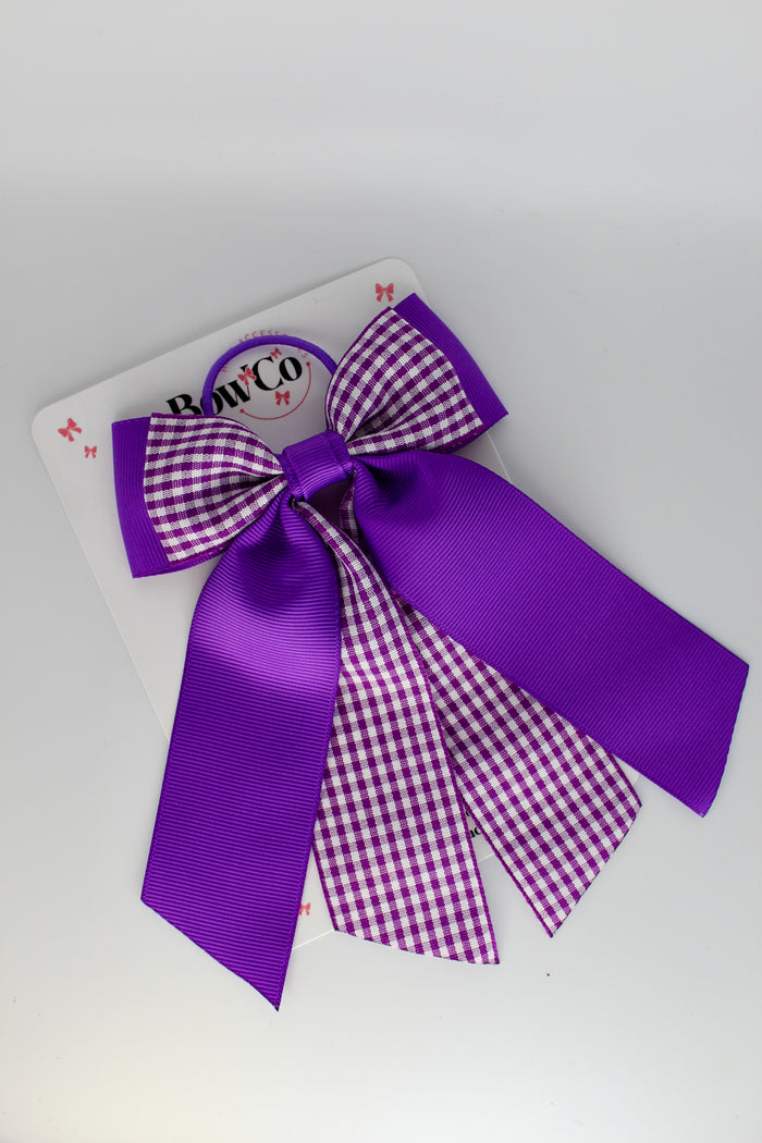 Double Layer Tail Bow - School Bow Purple Gingham - Elastic