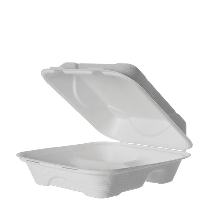 EcoProducts Compostable Molded Fiber Clamshells (8in x 8in x 3in | 3-Compartment) | 200/cs