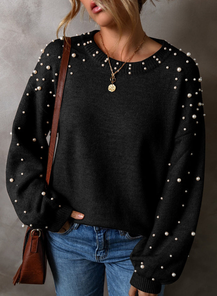 Pearl Embellished Crew Neck Knit Sweater