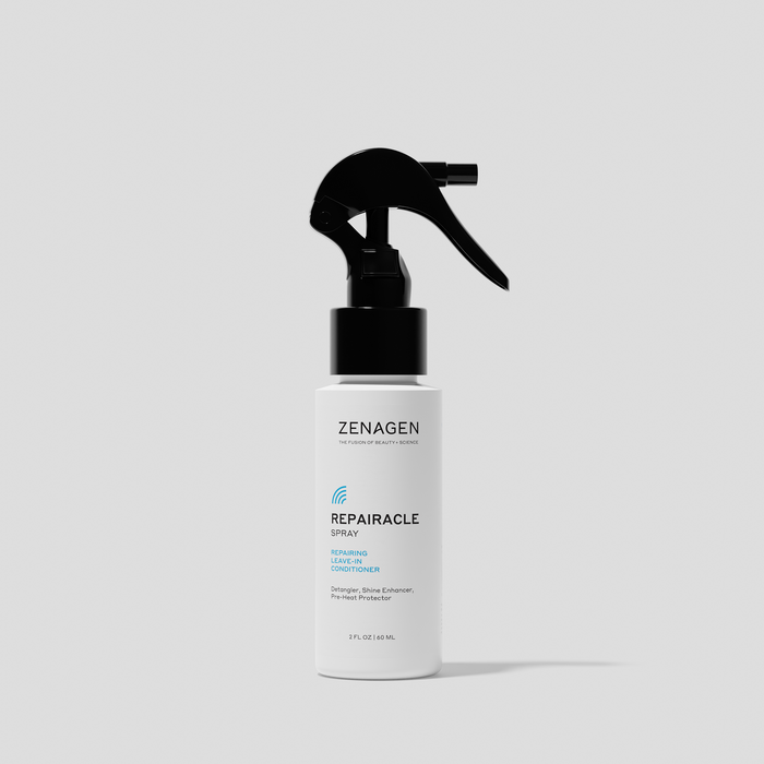 Zenagen Repairacle Spray repairing leave-in conditioner 2 oz travel size detangler and shine enhancer with heat protection for smoother, healthier hair.