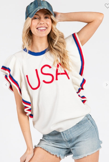 Ruffle Sleeve Americana Sweater