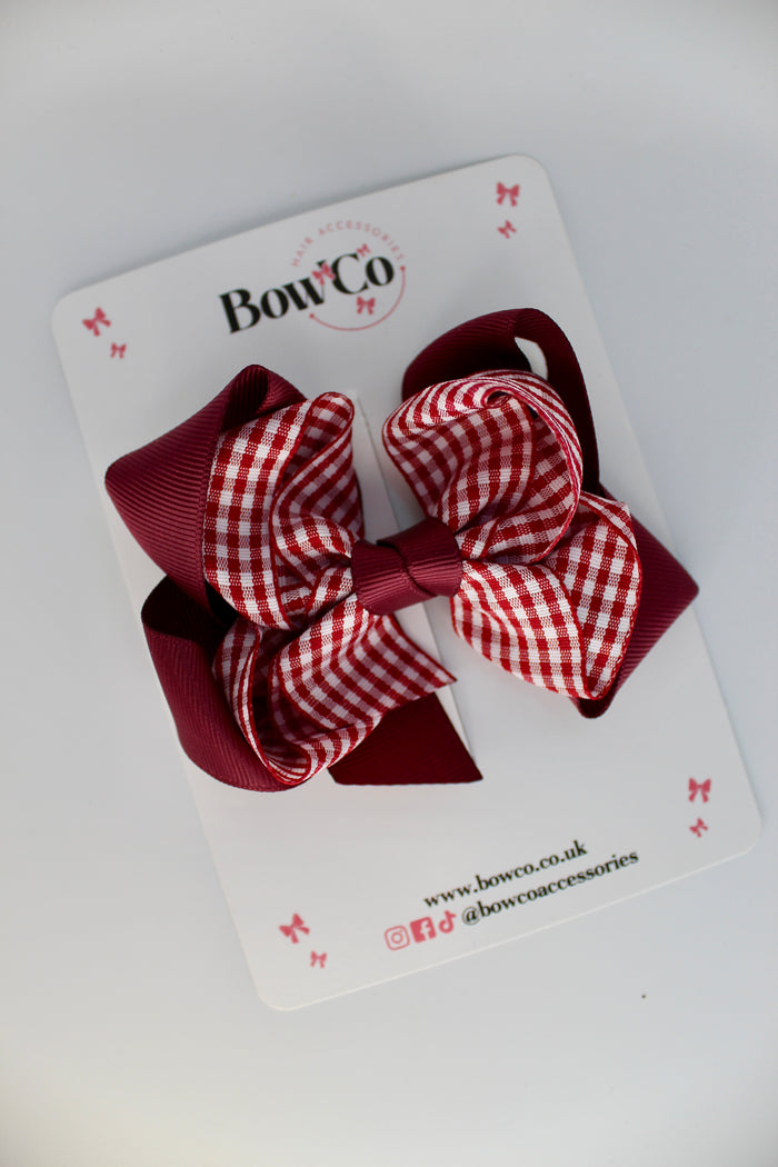 School Bow Burgundy Gingham Double Loop Bow - Clip
