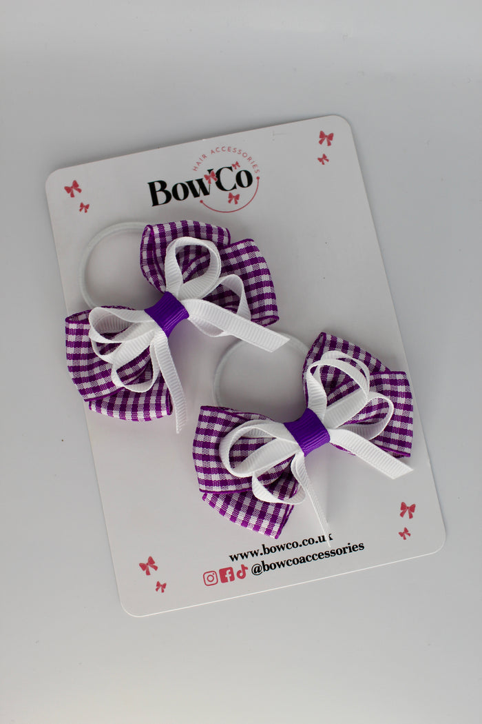 School Bow Purple and White Gingham Double Bow Set - Elastic