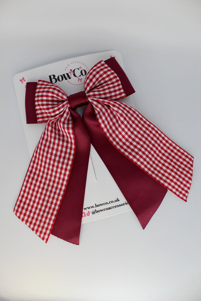 School Burgundy Gingham Double Layer Tail Bow - Clip