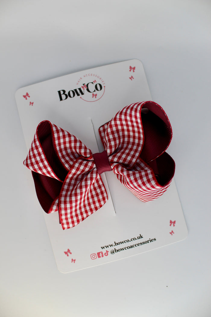 School Burgundy Gingham Loop Bow - Clip