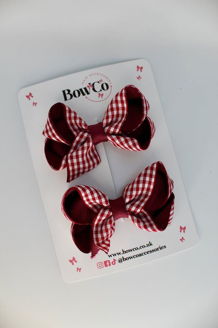 School Burgundy Gingham Loop Bow Set - Clip