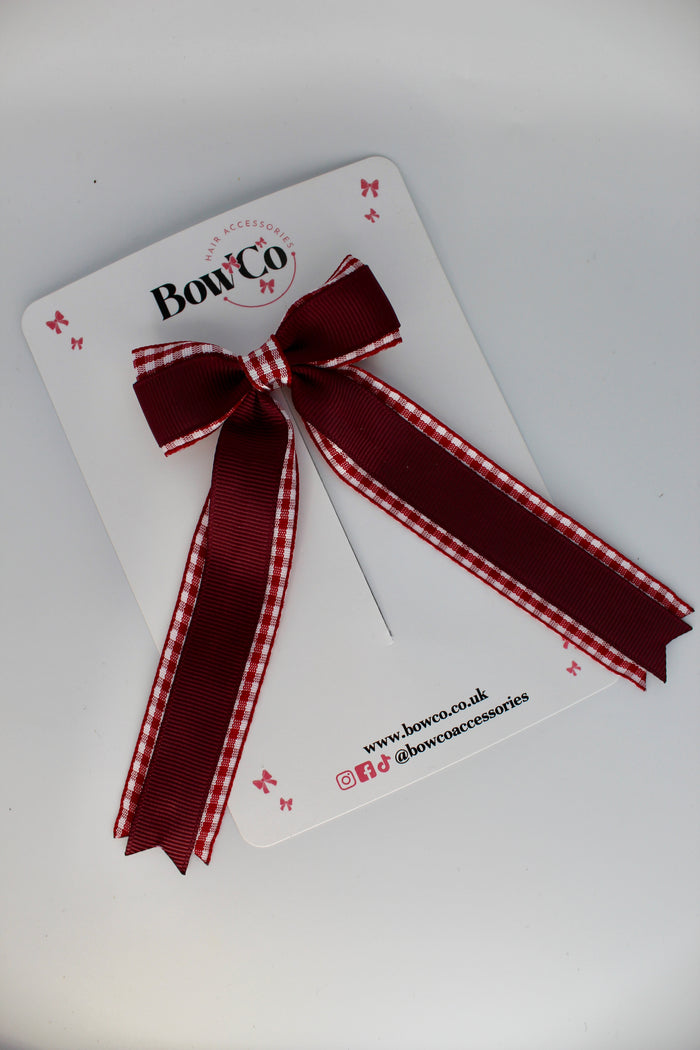 School Burgundy Gingham Tuxedo Tail Bow - Clip