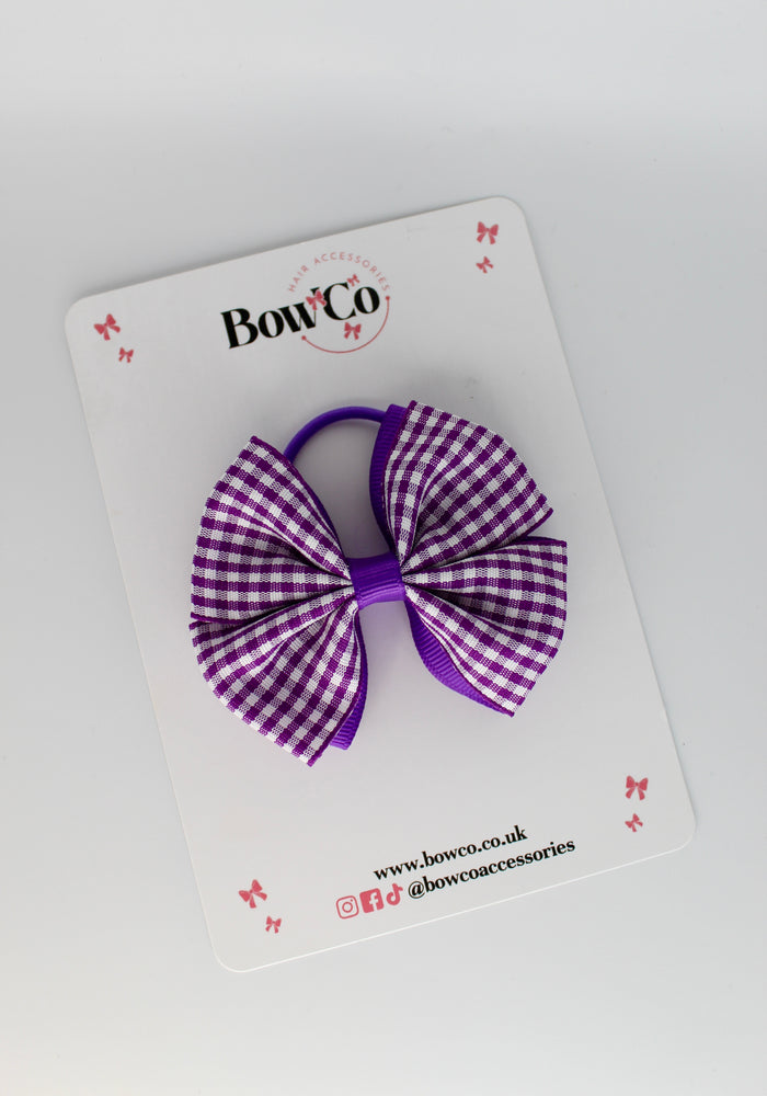 School Purple Bow Gingham - Double Layer Bow - Elastic