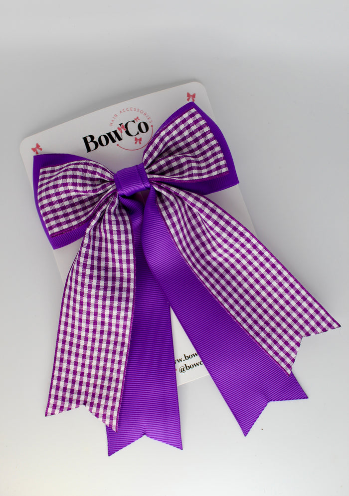 School Purple Gingham Classic Tail Bow - Clip