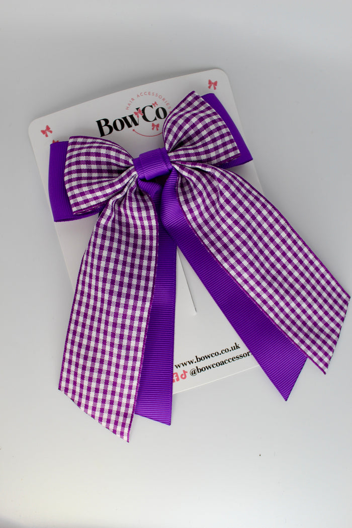 School Purple Gingham Double Layer Tail Bow - Clip