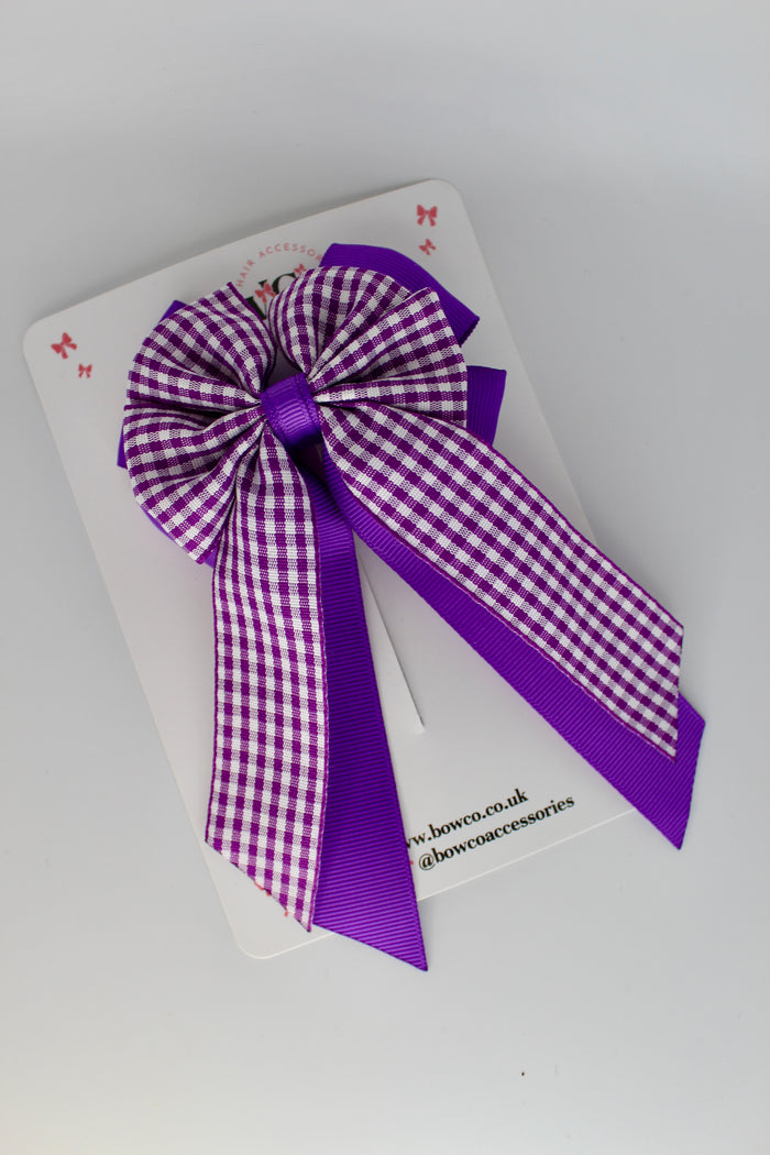 School Purple Gingham Layer Edge Tail Bow - Clip