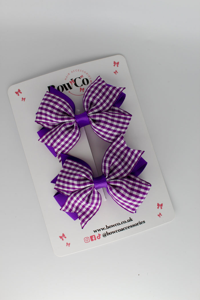 School Purple Gingham Layer Tail Bow Set - Clip