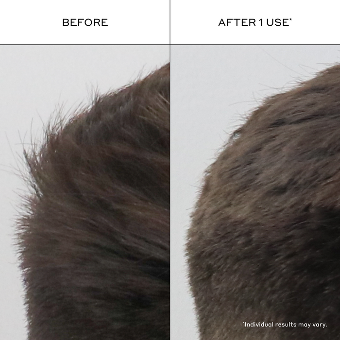 Zenagen Texturizing Powder before and after comparison image showing a side-profile view of a person's hair, demonstrating a transformation from flat, fine hair with loose strands to a visibly texturized, more compact, and volumized appearance after 1 use.