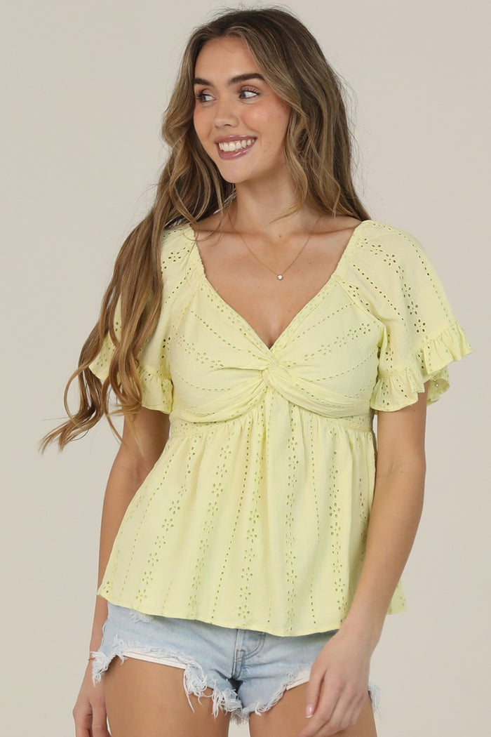 Twist Front Eyelet Embroidered Blouse