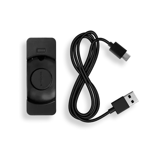 ScanWatch Nova — Magnetic Charger — Charger dock and USB-A to USB-C cable on white background, top-down view — accessory, cable, charger