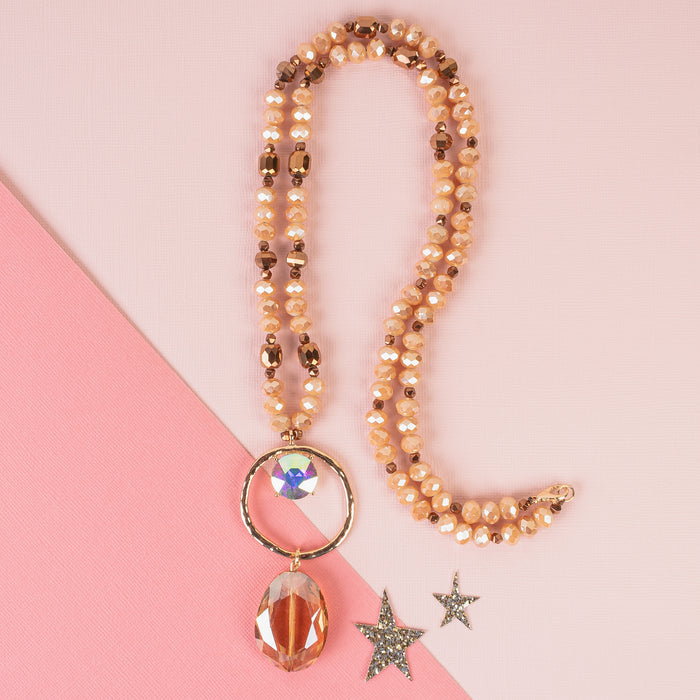 1139 - Crystal Pendant Necklace - Beige