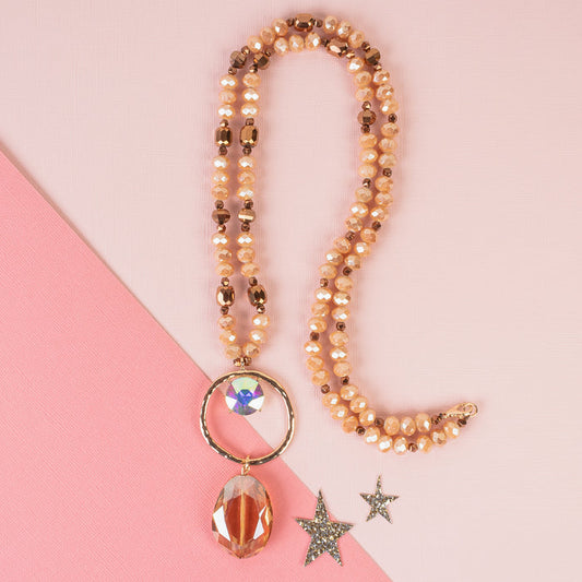 1139 - Crystal Pendant Necklace - Beige