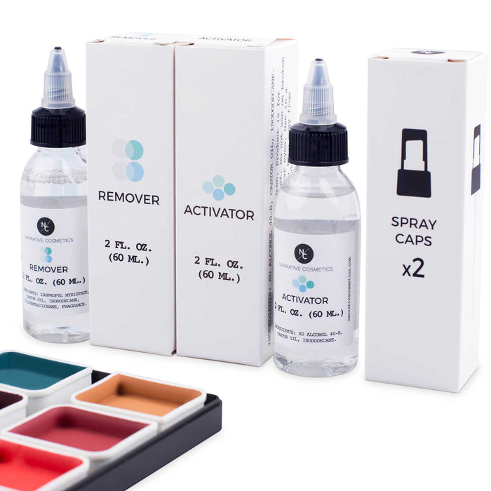 Complexion palette with activator, remover, and spray caps
