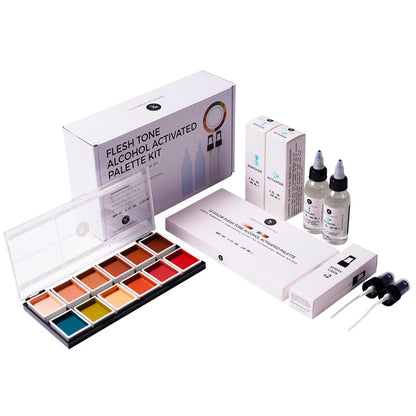 Flesh tone alcohol palette kit with palette, packaging, remover, activator, and spray caps