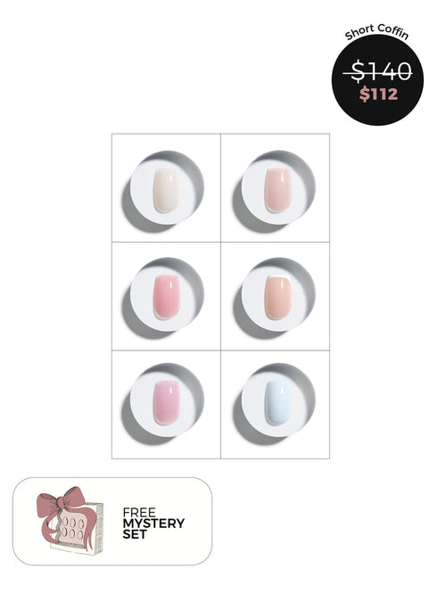 Coffin press-on nails with six colors displayed on a white background, including a free mystery set offer.