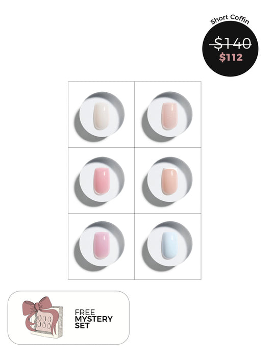 Coffin press-on nails with six colors displayed on a white background, including a free mystery set offer.
