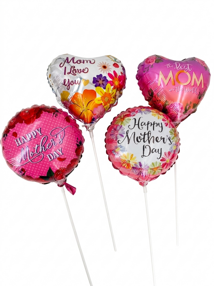 Set of Mother's Day-themed balloons on sticks with floral and text designs.