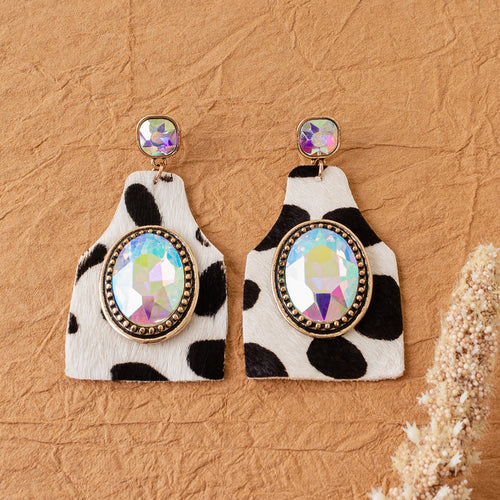93100 - Rhinestone Animal Hide Earrings - Black & White