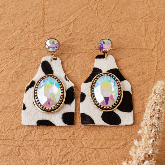 93100 - Rhinestone Animal Hide Earrings - Black & White