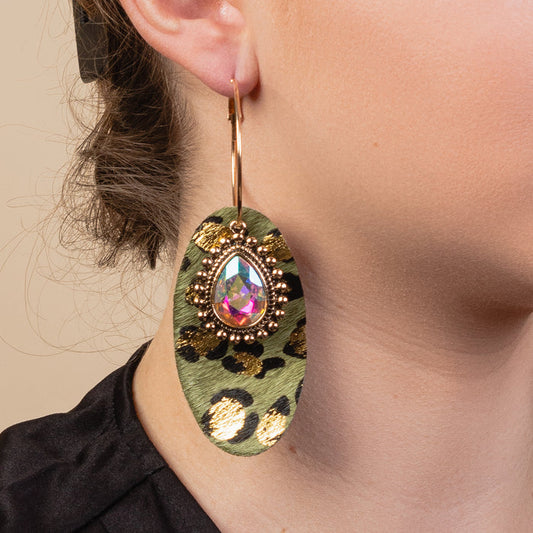 93123 - Animal Print Rhinestone Earrings - Green