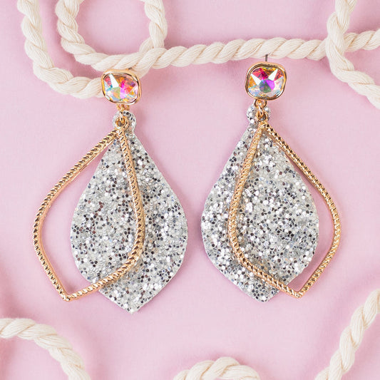 93129 - Glitter Rhinestone Drop Earrings - Silver
