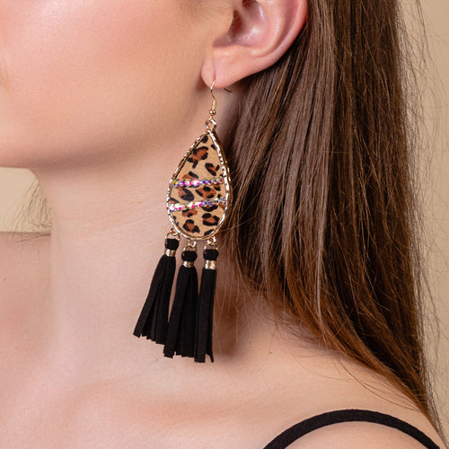 93209 - Animal Print Tassel Earrings - Black