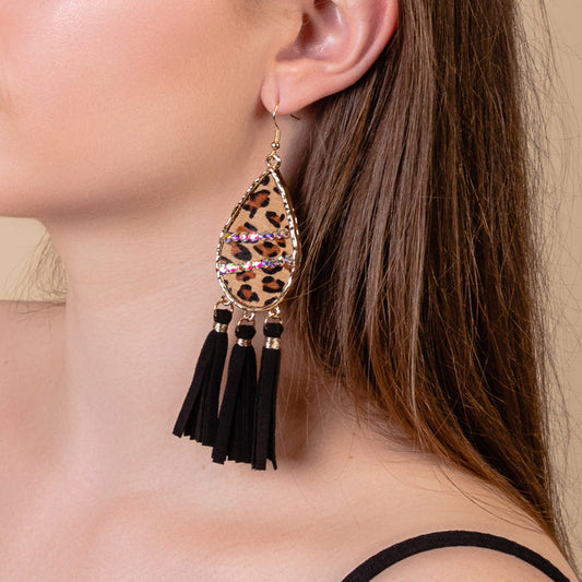 93209 - Animal Print Tassel Earrings - Black