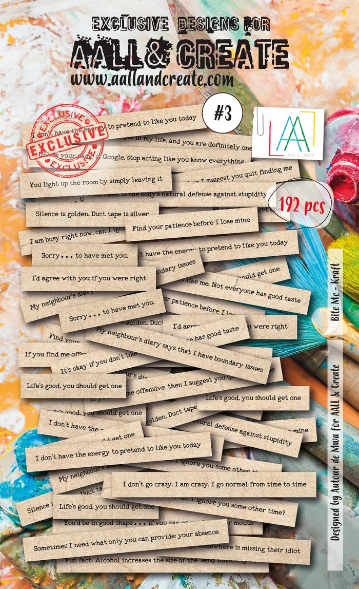 Aall & Create - - Ephemera - #3 - Bite Me - Kraft. Ephemera Die Cuts 192 pieces. Designer - Janet Klein. Available at Embellish Away in Bowmanville Ontario Canada.