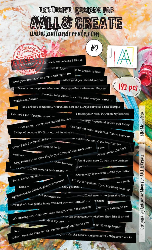 Aall & Create - - Ephemera - #3 - Bite Me - Black. Ephemera Die Cuts 192 pieces. Designer - Janet Klein. Available at Embellish Away in Bowmanville Ontario Canada.