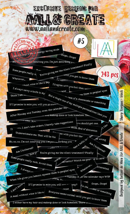 Aall &amp; Create - Ephemera - #5 - Sharp Tongues - Black. Ephemera Die Cuts - 243 die-cuts per pack. Beautifully designed card cut outs. Pieces vary.
