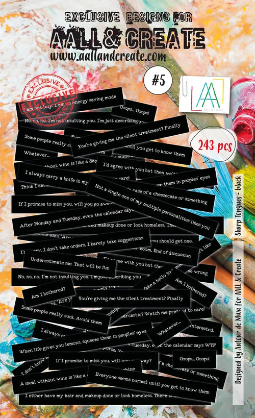 Aall &amp; Create - Ephemera - #5 - Sharp Tongues - Black. Ephemera Die Cuts - 243 die-cuts per pack. Beautifully designed card cut outs. Pieces vary.