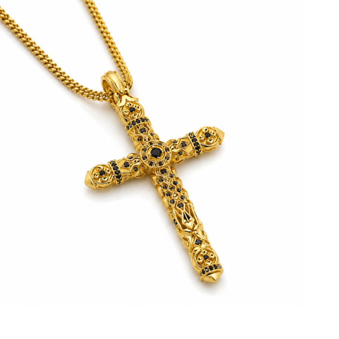 Ambrose Silver Cross Pendant with 18K Gold PVD Plating & Black Onyx