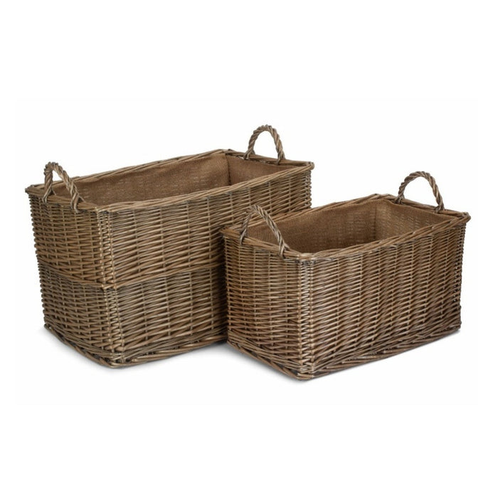 Antique Wash Rectangular Hessian Lined Wicker Log Basket