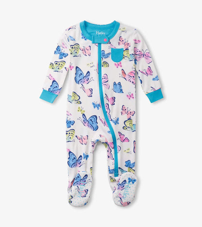 Hatley baby girl bamboo footed sleeper in White/Aqua with Big Butterflies print and two-way zipper.