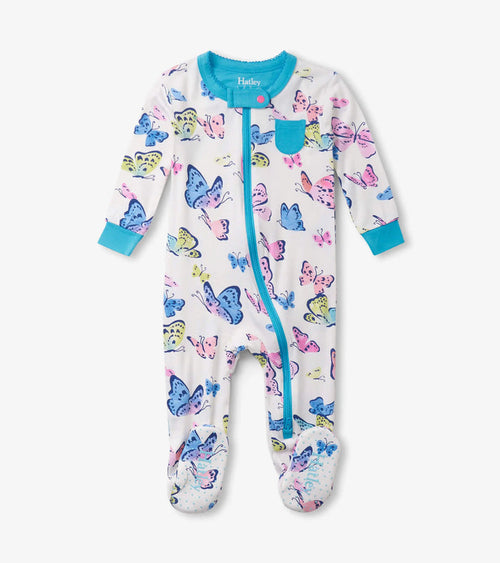 Hatley baby girl bamboo footed sleeper in White/Aqua with Big Butterflies print and two-way zipper.
