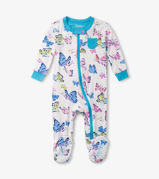 Hatley baby girl bamboo footed sleeper in White/Aqua with Big Butterflies print and two-way zipper.