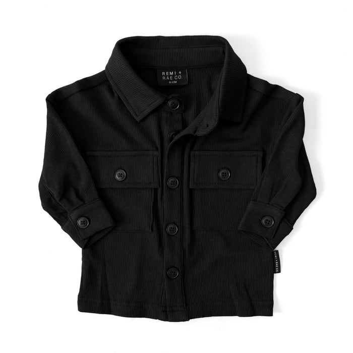 BAMBOO RIBBED BUTTON UP SHACKET | BLACK