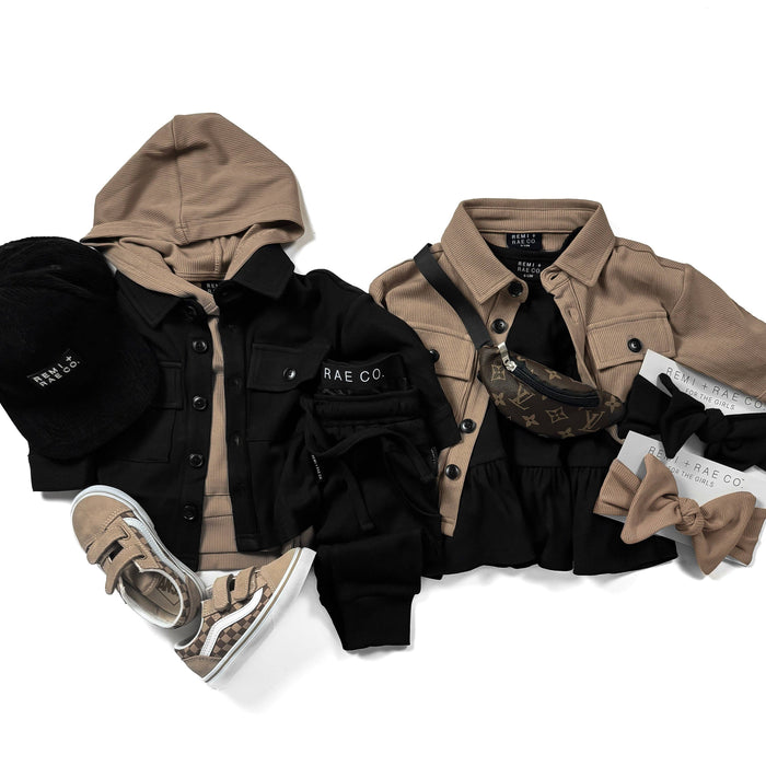 BAMBOO RIBBED BUTTON UP SHACKET | BLACK