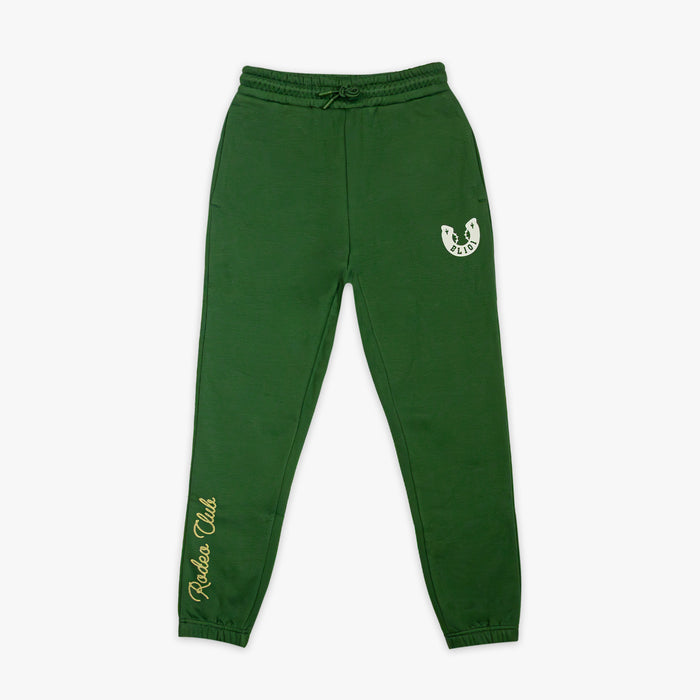 Green sweatpants with a logo and text on a white background