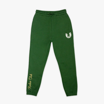 Green sweatpants with a logo and text on a white background