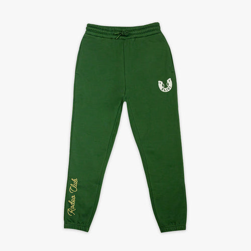 Green sweatpants with a logo and text on a white background