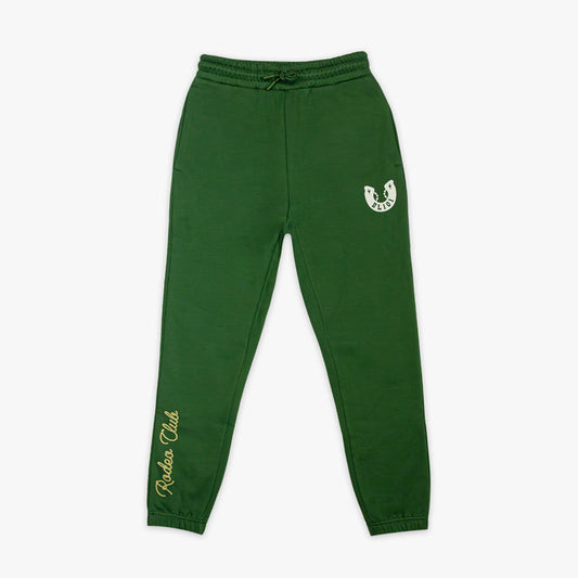 Green sweatpants with a logo and text on a white background